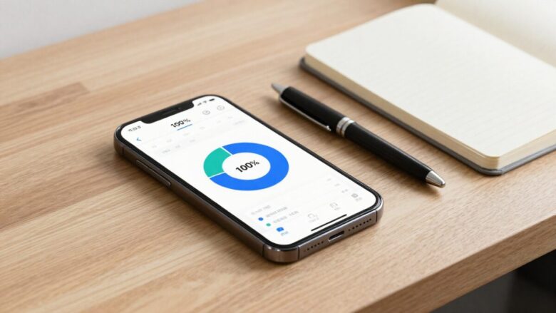 Smartphone exibindo aplicativo de finanças com gráfico de pizza perfeitamente distribuído sobre mesa de madeira moderna.
