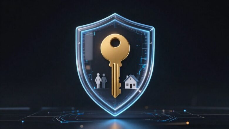 Escudo digital protegendo chaves e ícones de família, representando estratégias de como proteger meus bens.