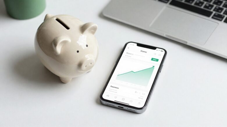A piggy bank next to a smartphone displaying a savings growth chart on a clean office desk.