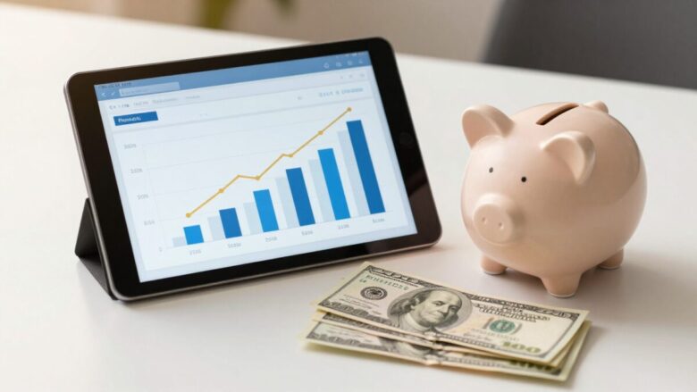Budget planning tablet with financial graph, US dollars and piggy bank for personal finance management