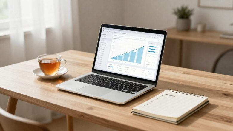 Escritório em casa aconchegante com notebook mostrando gráficos de rendimentos crescentes, simbolizando ideias de renda extra.