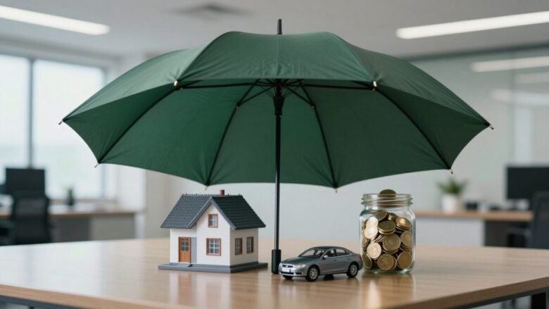 Guarda-chuva protegendo miniaturas de casa, carro e moedas, simbolizando a cobertura Umbrella nos Estados Unidos.