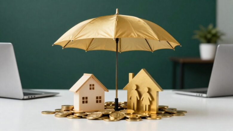 Guarda-chuva metálico protegendo moedas e miniatura de casa, simbolizando a blindagem através de benefícios em vida.