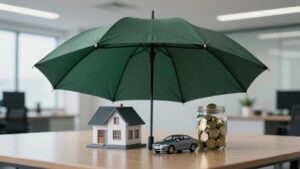 A dark green umbrella shielding miniatures of a house, car, and coin jar, representing excess liability protection.