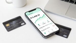 A mobile device displaying a digital banking app with an upward-trending interest yield chart on a workspace desk.