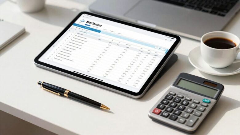 Tablet com planilha de precificação e calculadora sobre mesa de escritório iluminada, simbolizando o cálculo de serviços freelance.