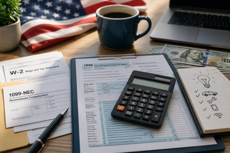 Formulários W-2, 1099-NEC e declaração de imposto de renda dos Estados Unidos sobre uma mesa de trabalho, representando o processo de Tax Return para brasileiros que trabalham nos EUA.