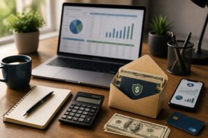 Mesa de trabalho com notebook, calculadora, smartphone, envelope para reserva de impostos e dólares representando a organização financeira de trabalhadores autônomos que recebem como 1099 nos Estados Unidos.