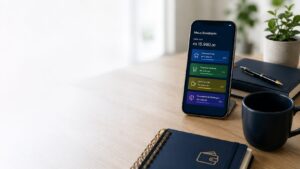 Smartphone sobre mesa clean exibindo aplicativo de finanças com pastas de gastos divididas por categorias de envelopes digitais.