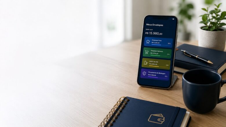 Smartphone sobre mesa clean exibindo aplicativo de finanças com pastas de gastos divididas por categorias de envelopes digitais.