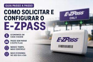 Transponder E-ZPass, smartphone com conta digital e guia passo a passo para configurar o sistema de pedágios eletrônicos nos Estados Unidos.