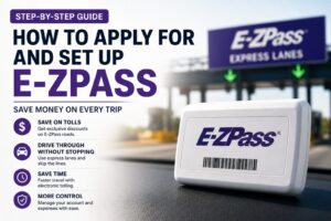 E-ZPass transponder, mobile account dashboard, and electronic toll system illustrating how to apply for and set up E-ZPass in the United States.