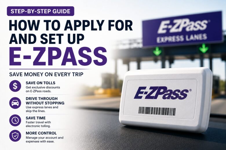 E-ZPass transponder, mobile account dashboard, and electronic toll system illustrating how to apply for and set up E-ZPass in the United States.