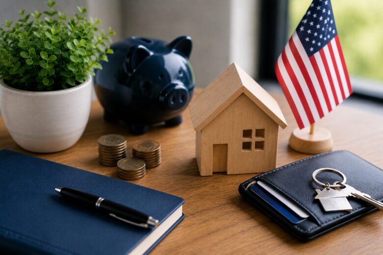 Financial planning items representing how to build credit in the United States, including a wallet, house model, savings, and personal finance tools.