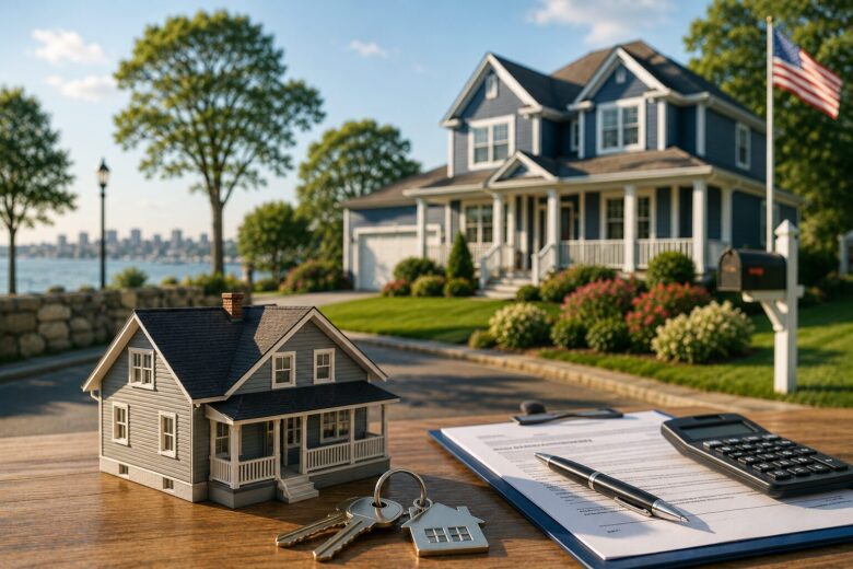 House model, home keys, mortgage documents, and calculator representing the home buying process for first-time home buyers in Massachusetts.