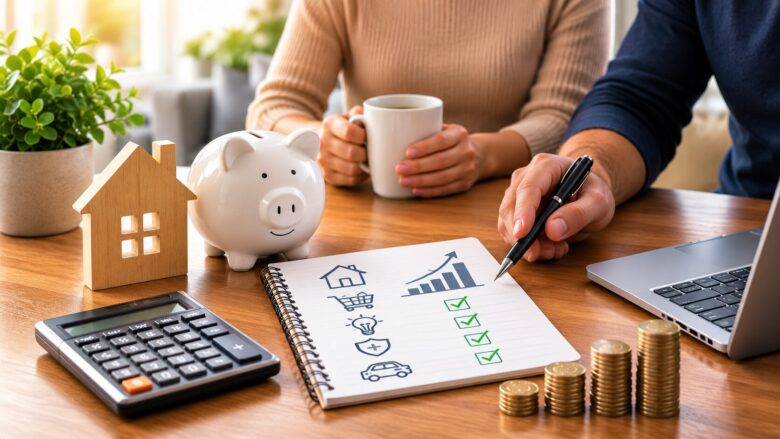 Couple organizing their household budget with a laptop, calculator, piggy bank, wooden house model, and financial planning materials on a table, representing smart household money management.