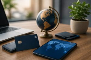 Smartphone, international debit card, globe, and laptop representing a multi-currency international digital account with no monthly maintenance fees.