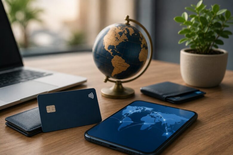 Smartphone, international debit card, globe, and laptop representing a multi-currency international digital account with no monthly maintenance fees.
