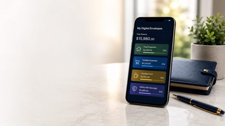 A mobile device displaying a banking application interface featuring multiple categorized digital expense folders on a modern workspace desk.