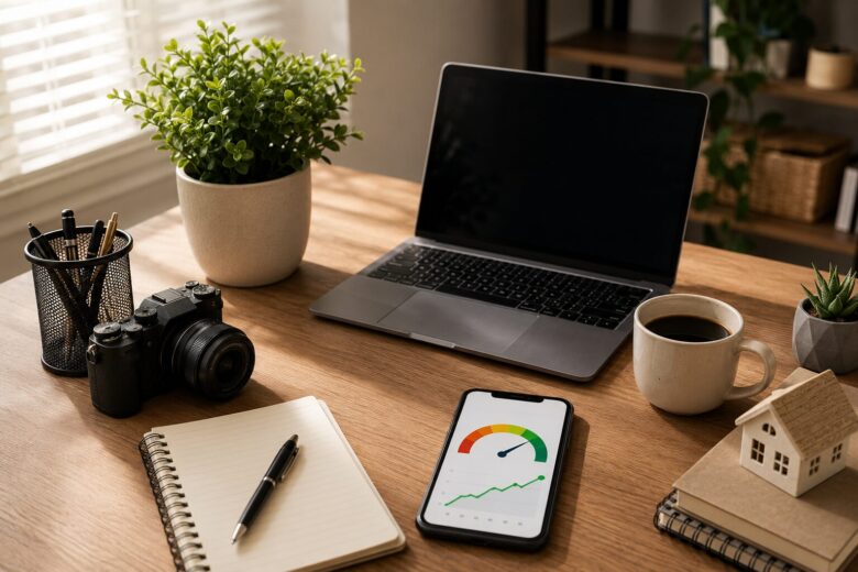Home office organizado com notebook, computador, café e itens de trabalho representando ideias de negócios caseiros lucrativos com baixo investimento.