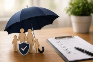 Família protegida por um guarda-chuva com escudo, representando os principais erros na contratação de seguros e a importância da proteção financeira nos Estados Unidos.