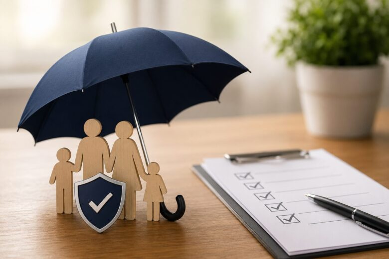 Família protegida por um guarda-chuva com escudo, representando os principais erros na contratação de seguros e a importância da proteção financeira nos Estados Unidos.