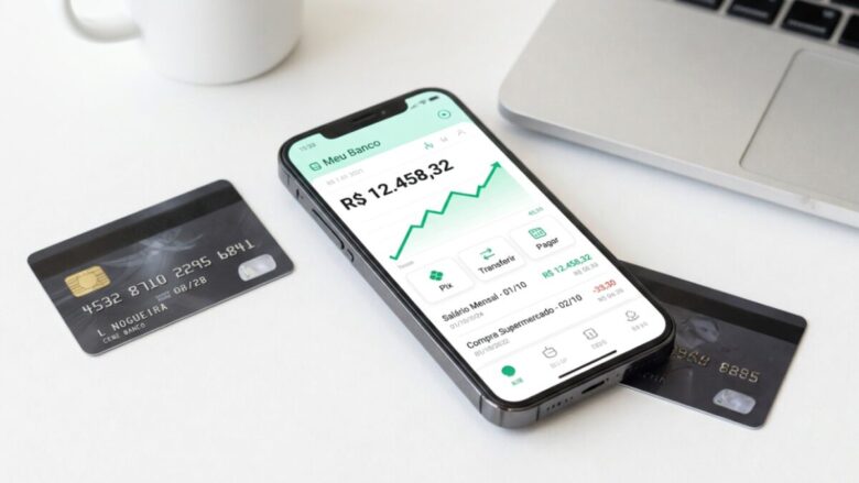 Smartphone sobre mesa de escritório exibindo aplicativo de banco digital com rendimentos em alta.