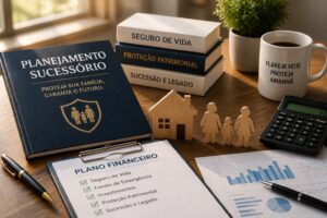 Mesa de escritório com documentos de planejamento sucessório, seguro de vida, proteção patrimonial e itens que representam a segurança financeira da família.