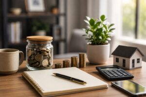 Financial planning workspace showing realistic financial goals, budgeting tools, emergency savings, and organized savings targets.