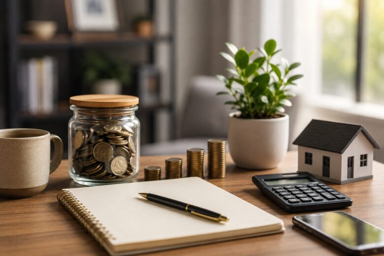 Financial planning workspace showing realistic financial goals, budgeting tools, emergency savings, and organized savings targets.