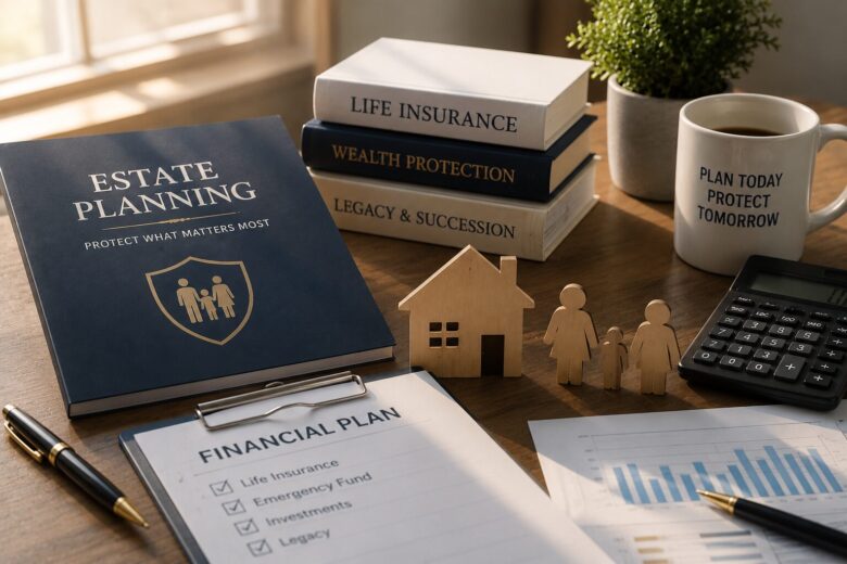 Professional desk with estate planning documents, life insurance materials, and financial planning tools representing family financial protection.