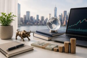 Modern workspace with a laptop displaying a rising investment chart, U.S. dollar bills, notebook, plant, and an American city skyline, representing smart investing and long-term wealth building in the United States.