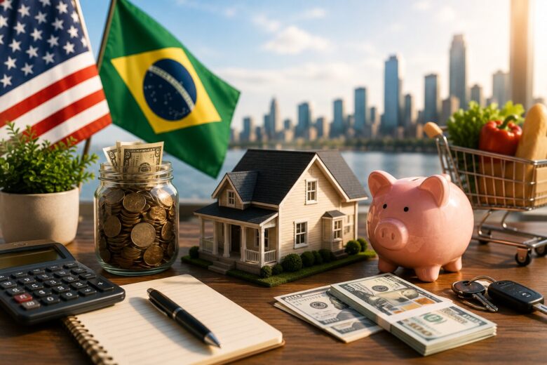Piggy bank, cash, calculator, model home, and everyday budgeting items representing smart money-saving strategies and financial planning for people living in the United States.