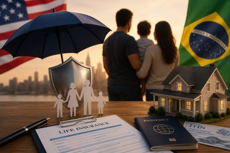 Família observando o horizonte com bandeiras dos Estados Unidos e do Brasil, escudo de proteção, documentos de seguro de vida, passaporte e casa, representando a proteção financeira para brasileiros que vivem nos EUA.
